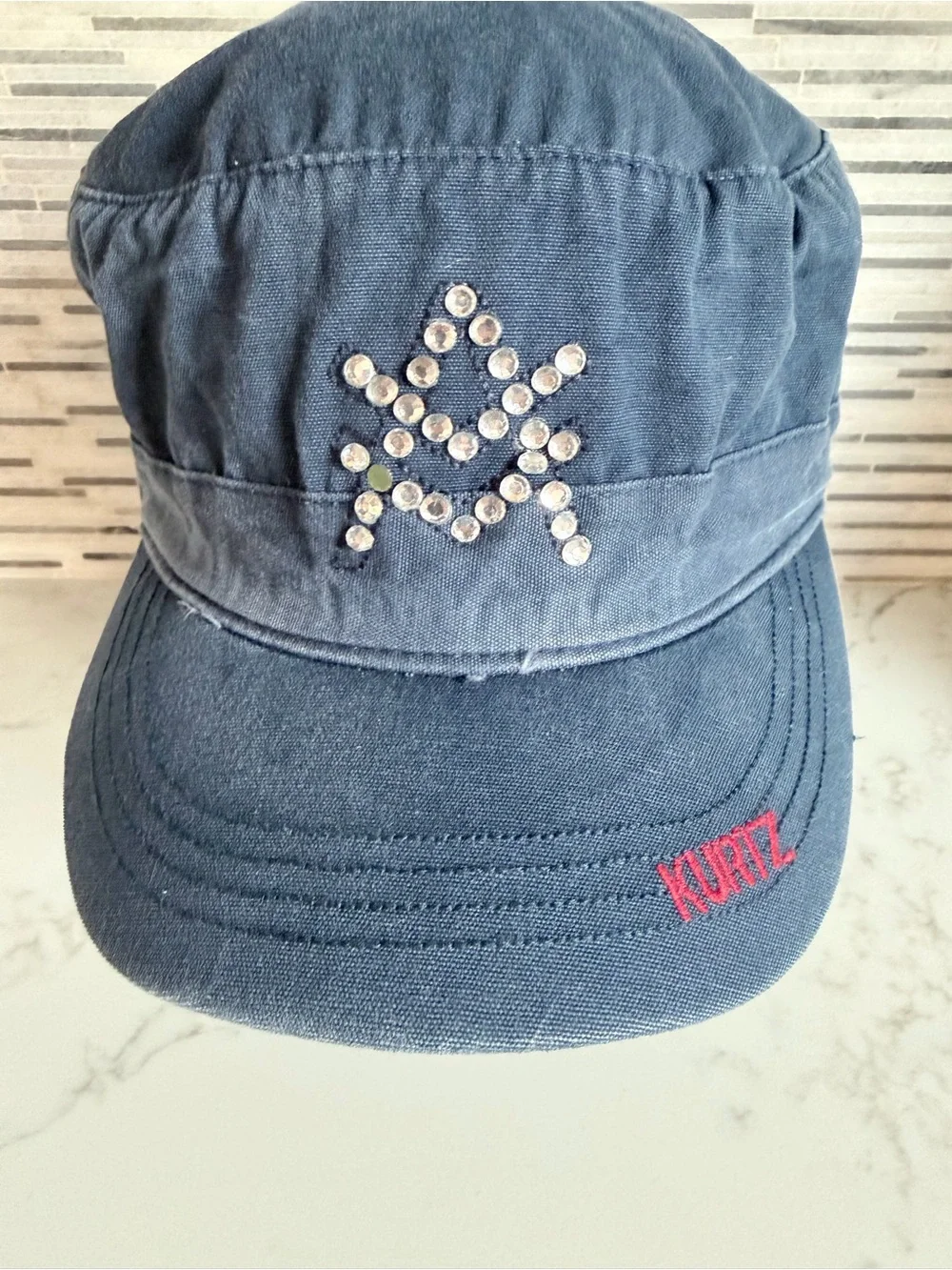 Vintage Kurtz Navy Blue Rhinestone Star Cap size 7